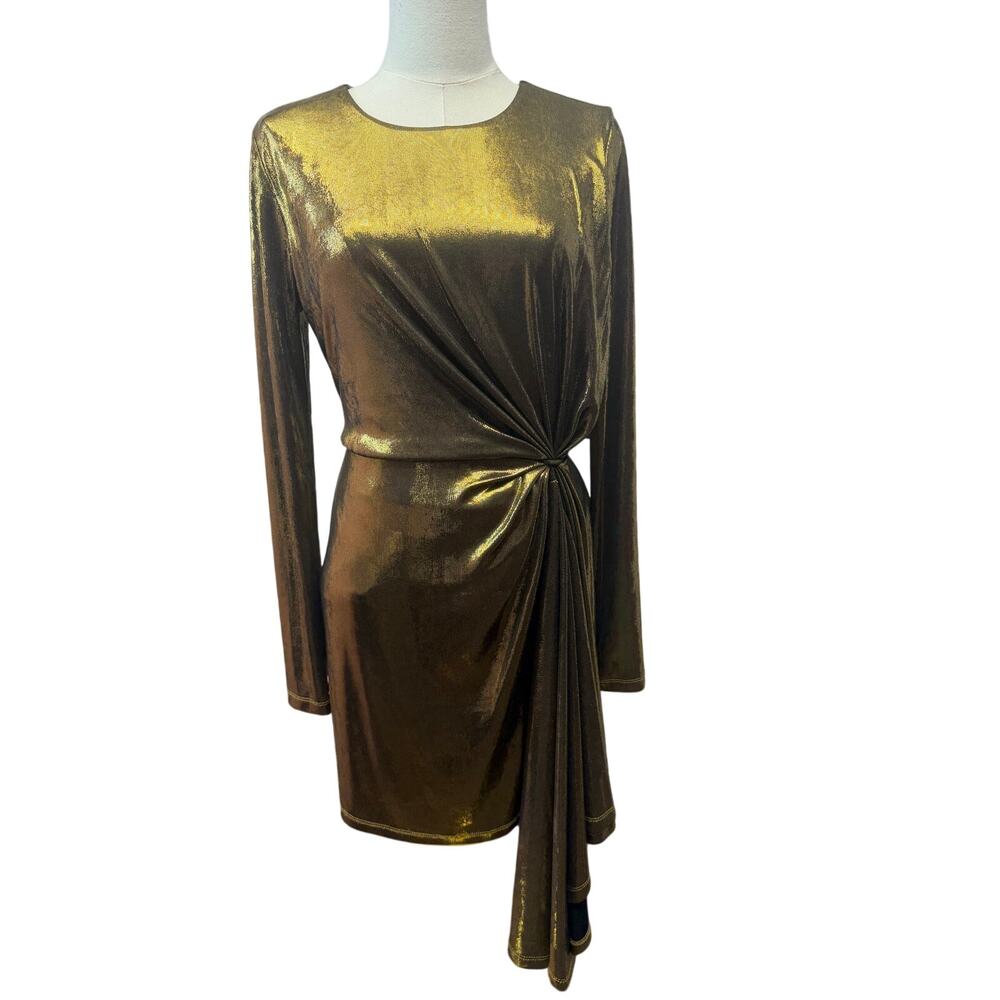 BCBGeneration Womens Long Sleeve Metallic Surplus A-line Mini Dress 4 gold